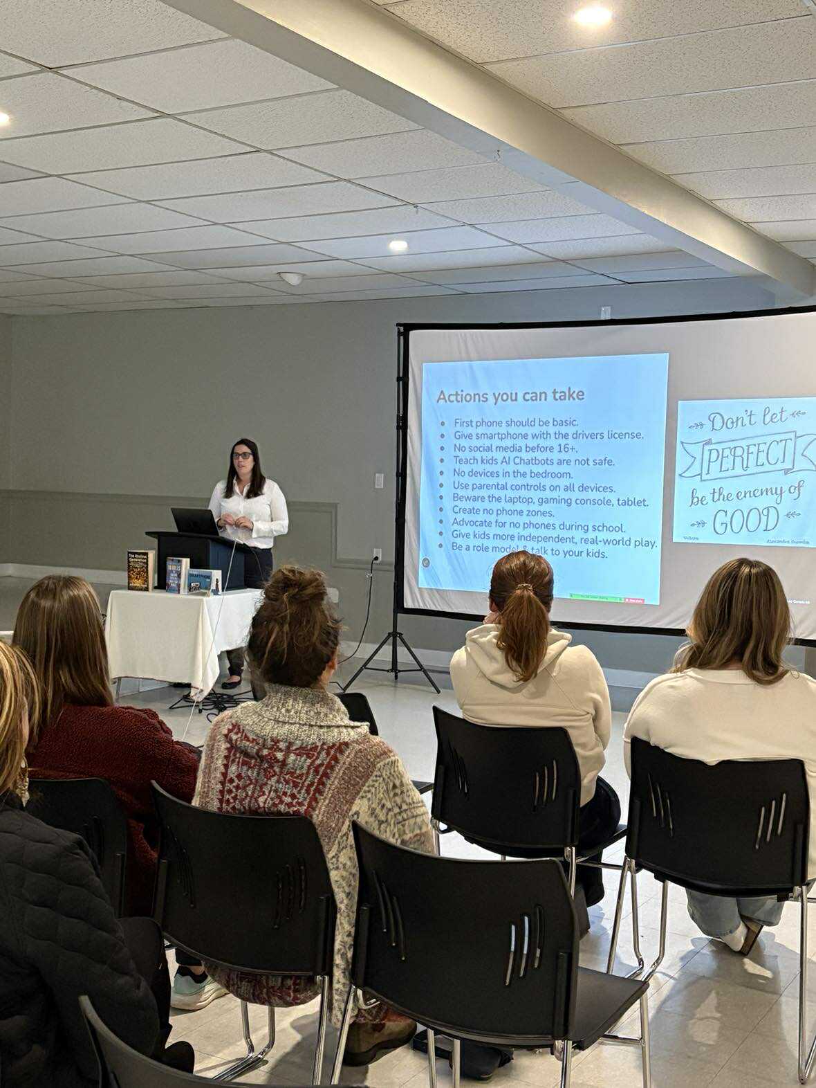 Jenna Poste presenting Actions you can take to parents at a community event